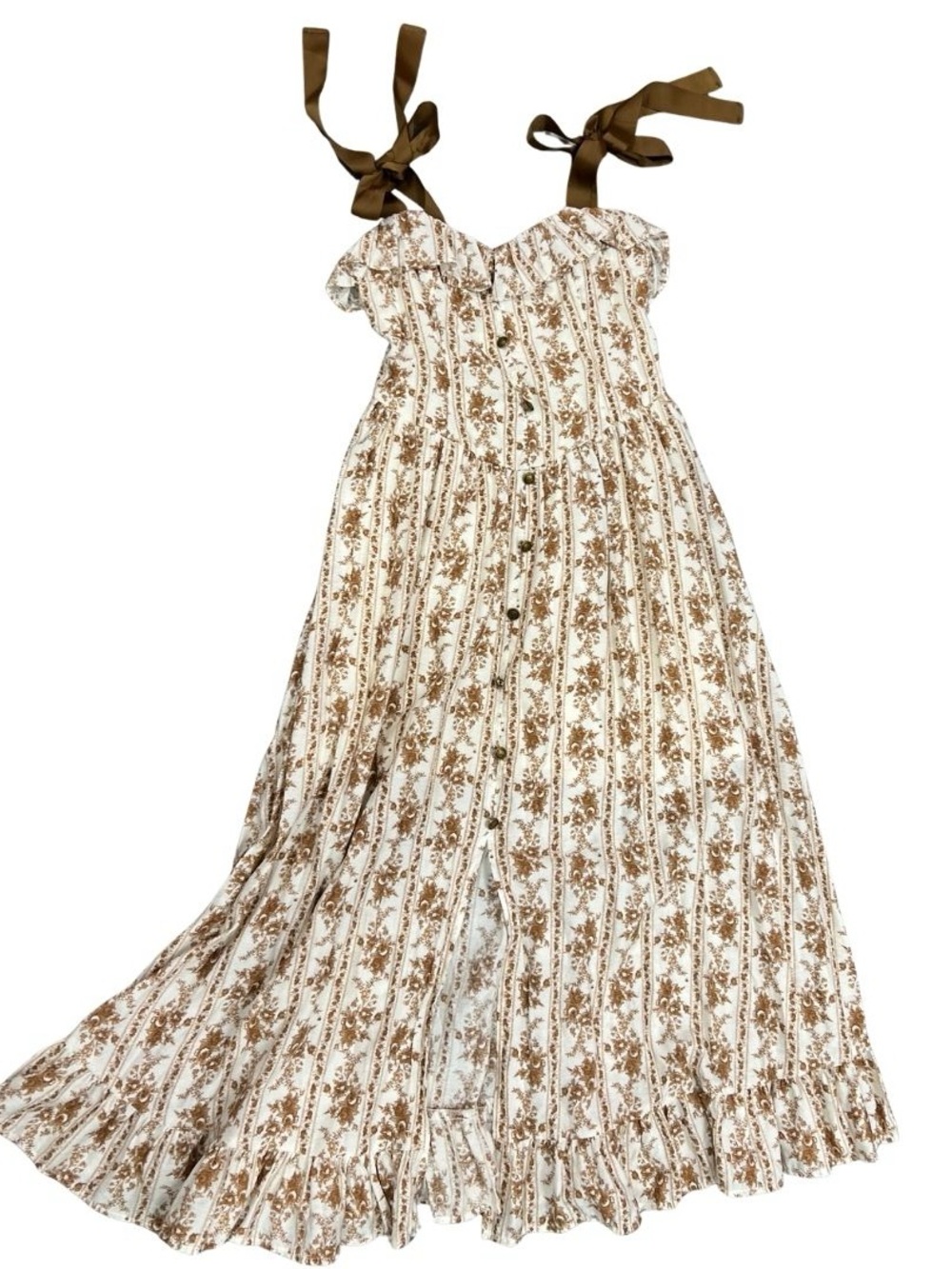 Tie-Shoulder Maxi Dress in Cream and Brown Floral